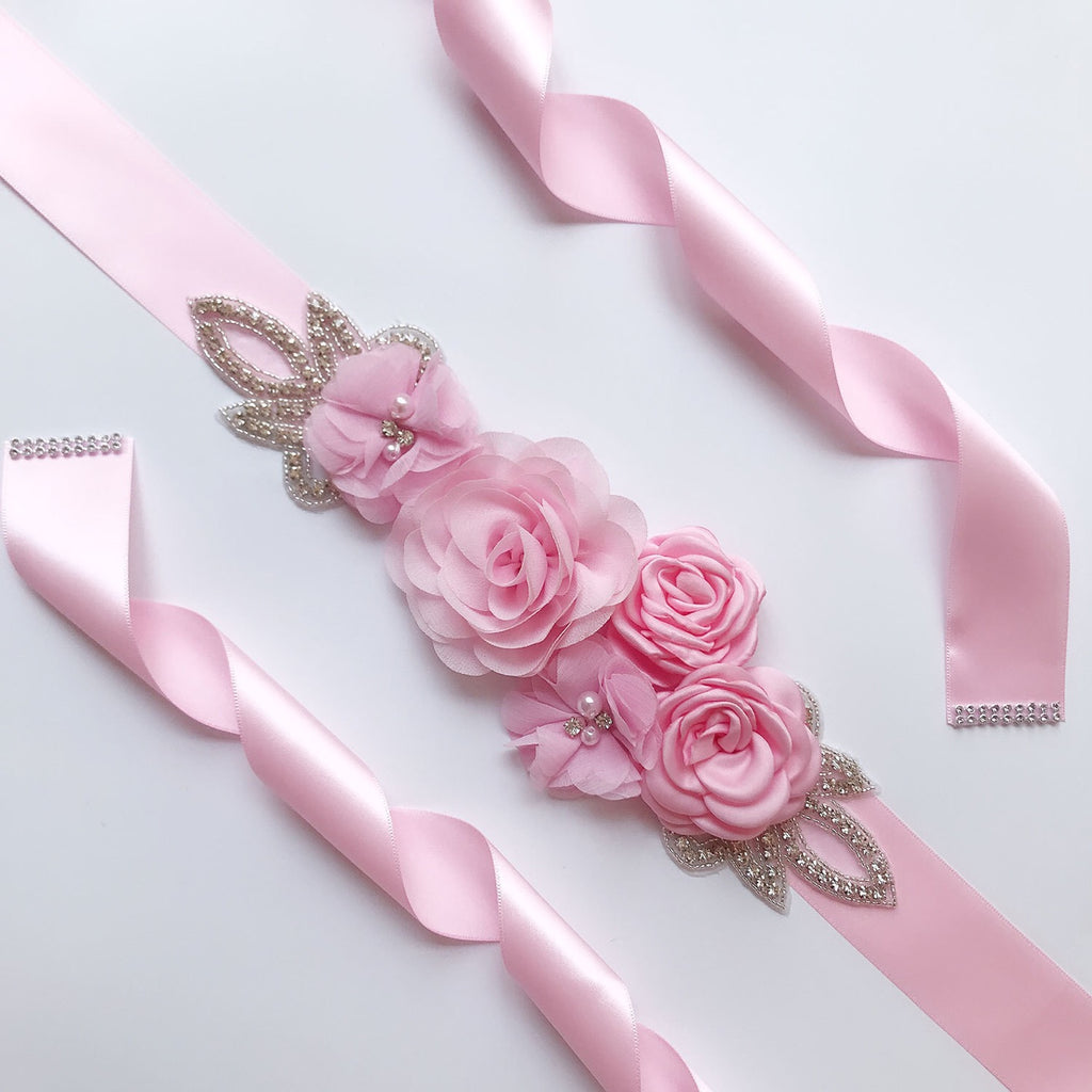 Rose Flower Rhinestone Pearls Wedding Sash B02