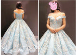 Light Blue Off the Shoulder Ball Gown Quinceanera Dresses Senior Lace Prom Dresses N1552