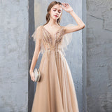 A Line V-Neck Short Sleeves Long Tulle Prom Dresses Evening Dresses with Beading  N2656