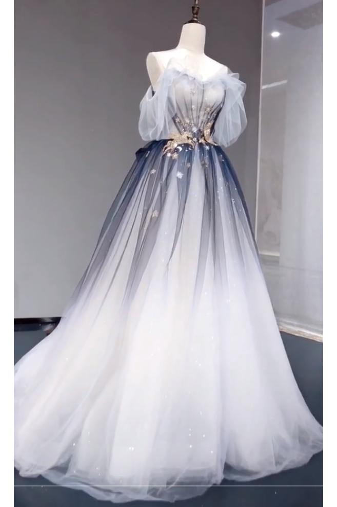 A Line Off the Shoulder Ombre Tulle Long Prom Dress