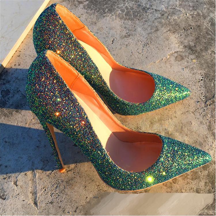 Green Glitter High-heels Fashion Evening Party Shoes yy34