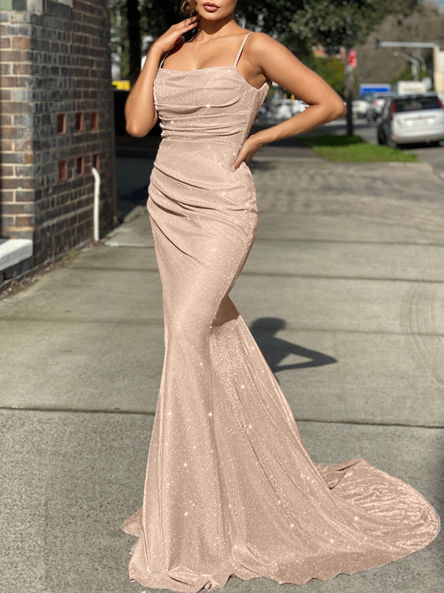 Shiny Mermaid Backless Spaghetti Straps Long Prom Dresses
