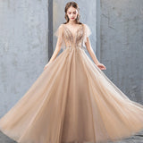 A Line V-Neck Short Sleeves Long Tulle Prom Dresses Evening Dresses with Beading  N2656