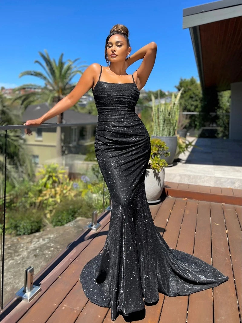 Shiny Mermaid Backless Spaghetti Straps Long Prom Dresses