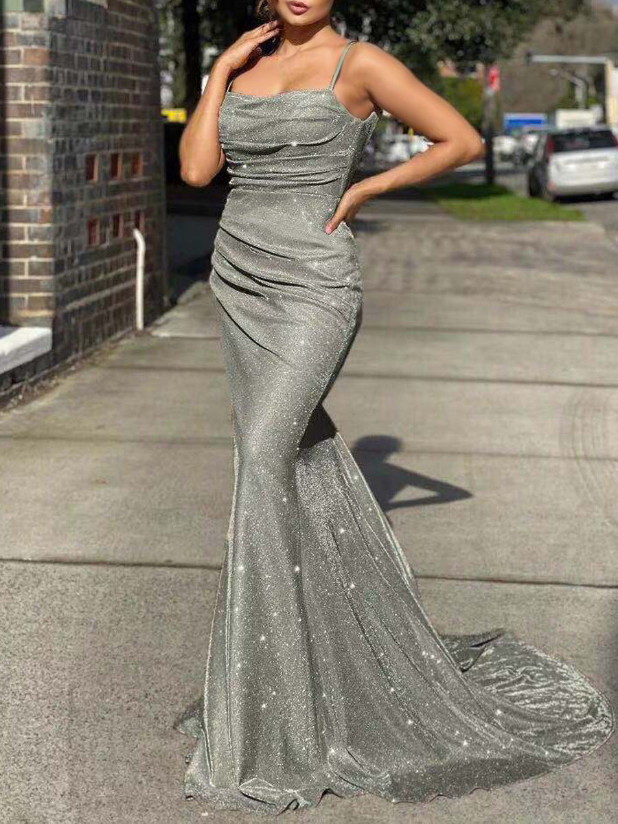 Shiny Mermaid Backless Spaghetti Straps Long Prom Dresses