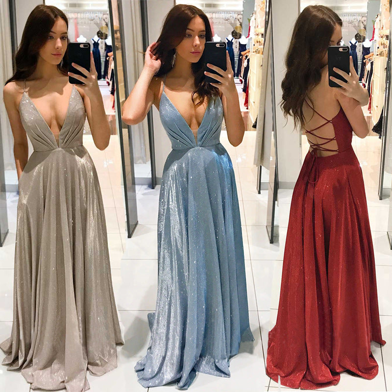 Shiny Spaghetti Straps A Line Blue Long Prom Dresses – Simibridaldresses