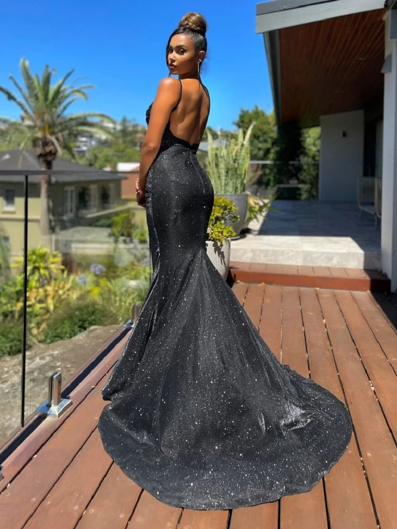 Shiny Mermaid Backless Spaghetti Straps Long Prom Dresses