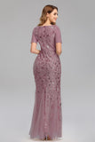 Elegant Short Sleeves Zipper Back Sequin Lace Long Prom Dresses