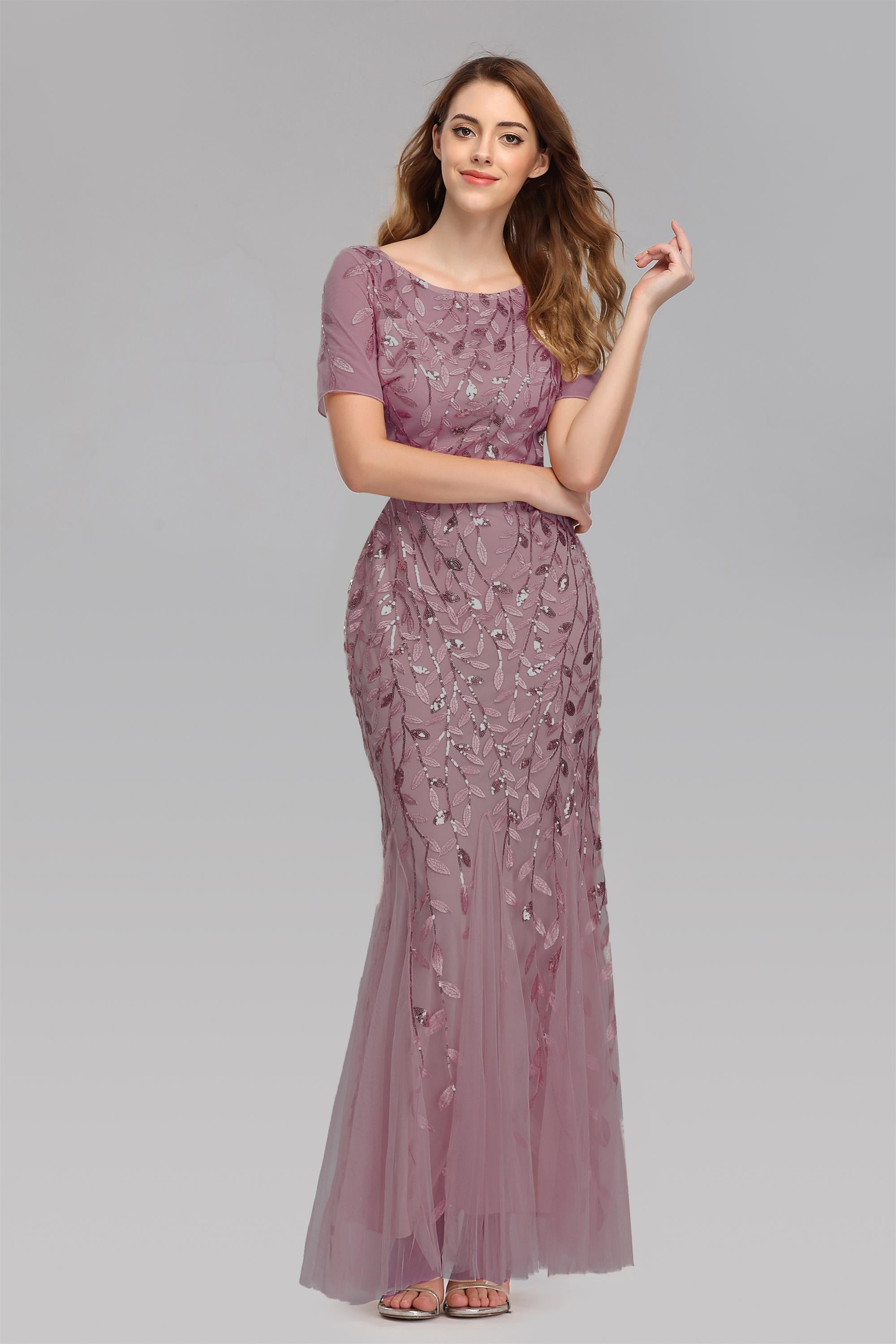 Elegant Short Sleeves Zipper Back Sequin Lace Long Prom Dresses