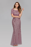 Elegant Short Sleeves Zipper Back Sequin Lace Long Prom Dresses