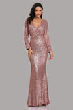 Pretty Long Sleeves V-Neck Mermaid Sequin Long Prom Dresses