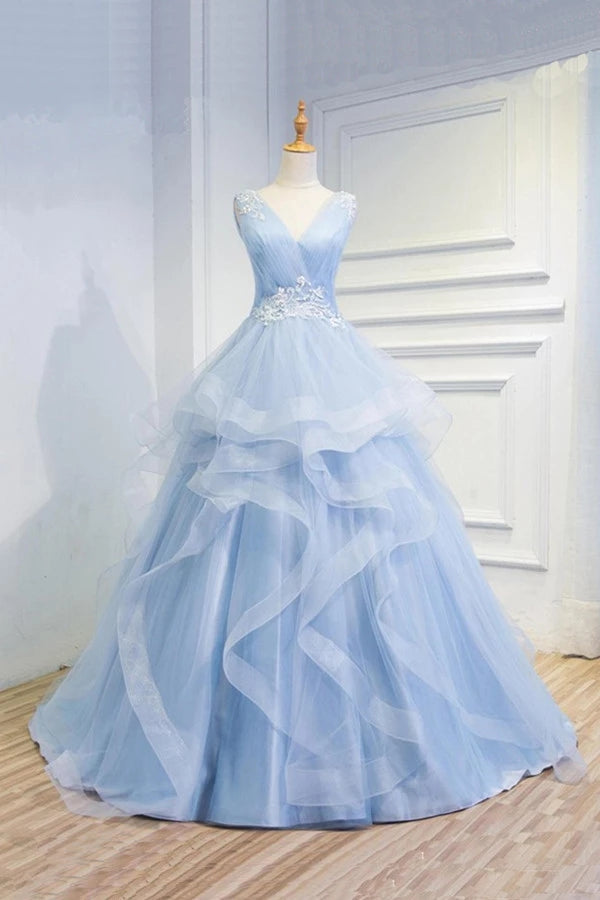 Puffy V Neck Sleeveless Tulle Prom Dress with Appliques, Long Quinceanera Dress N2518