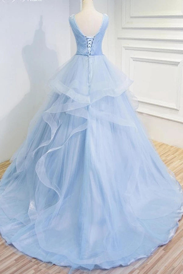Puffy V-Neck Sleeveless Tulle Prom Dresses with Appliques Long Quinceanera Dresses N2518