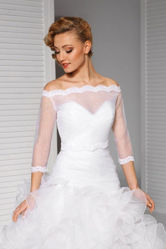 Off the Shoulder Sheer Organza 3/4 Sleeve Bridal Cape Scalloped Lace Top