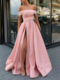 Off-the-Shoulder A Line Satin Long Prom Dress With Split PD0415