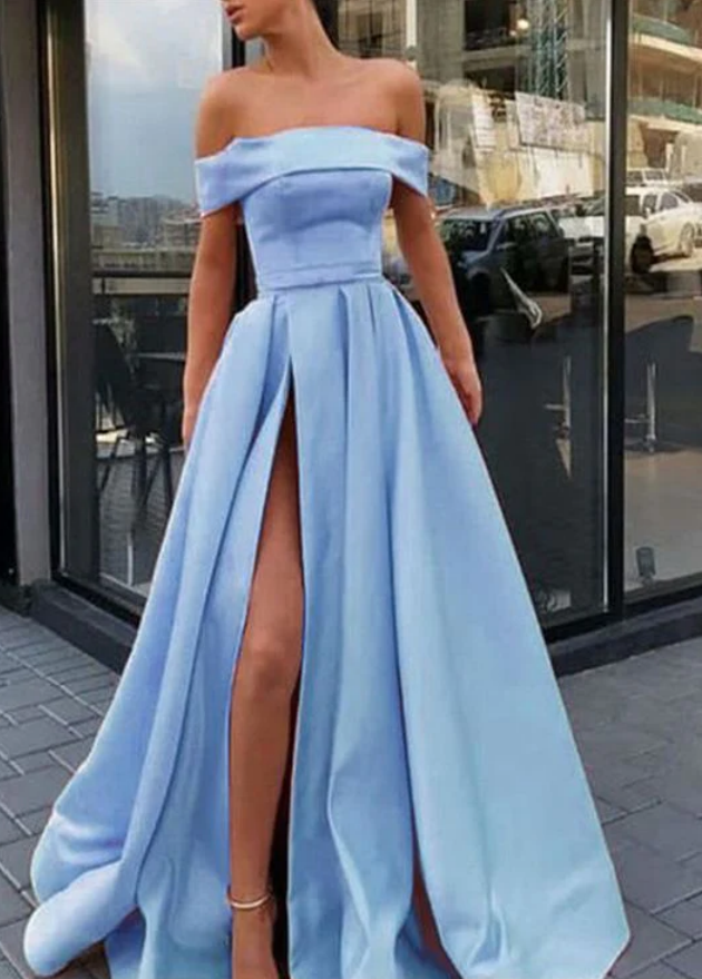Off-the-Shoulder A Line Satin Long Prom Dress With Split PD0415