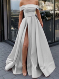 Off-the-Shoulder A Line Satin Long Prom Dress With Split PD0415