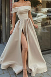 Off-the-Shoulder A Line Satin Long Prom Dress With Split PD0415