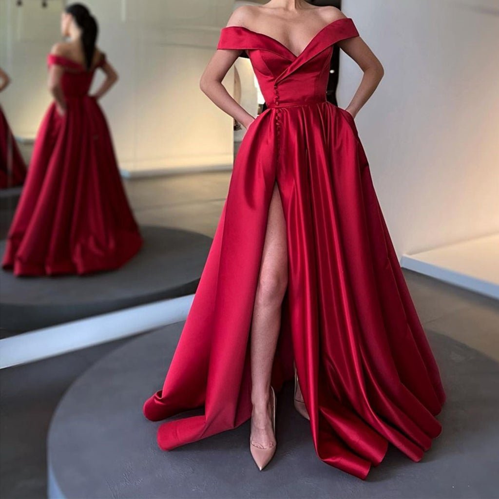 A Line Off-the-Shoulder Satin Side Split Long Prom Dresses Party Dresses PD0386