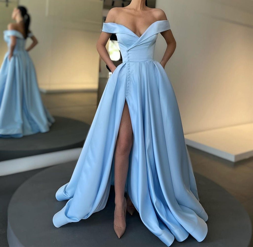 A Line Off-the-Shoulder Satin Side Split Long Prom Dresses Party Dresses PD0386