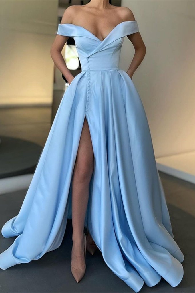 A Line Off-the-Shoulder Satin Side Split Long Prom Dresses Party Dresses PD0386