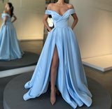 A Line Off-the-Shoulder Satin Side Split Long Prom Dresses Party Dresses PD0386