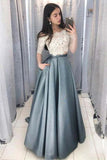 Two Piece Off-the-Shoulder Half Sleeves Satin Prom Dress with Lace Top N1444