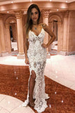 Off White Lace Mermaid Spaghetti Straps Long Prom Dresses