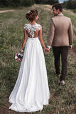 Romantic Off White Sheer Neck Cap Sleeve Chiffon Bridal Dress with Lace Appliques