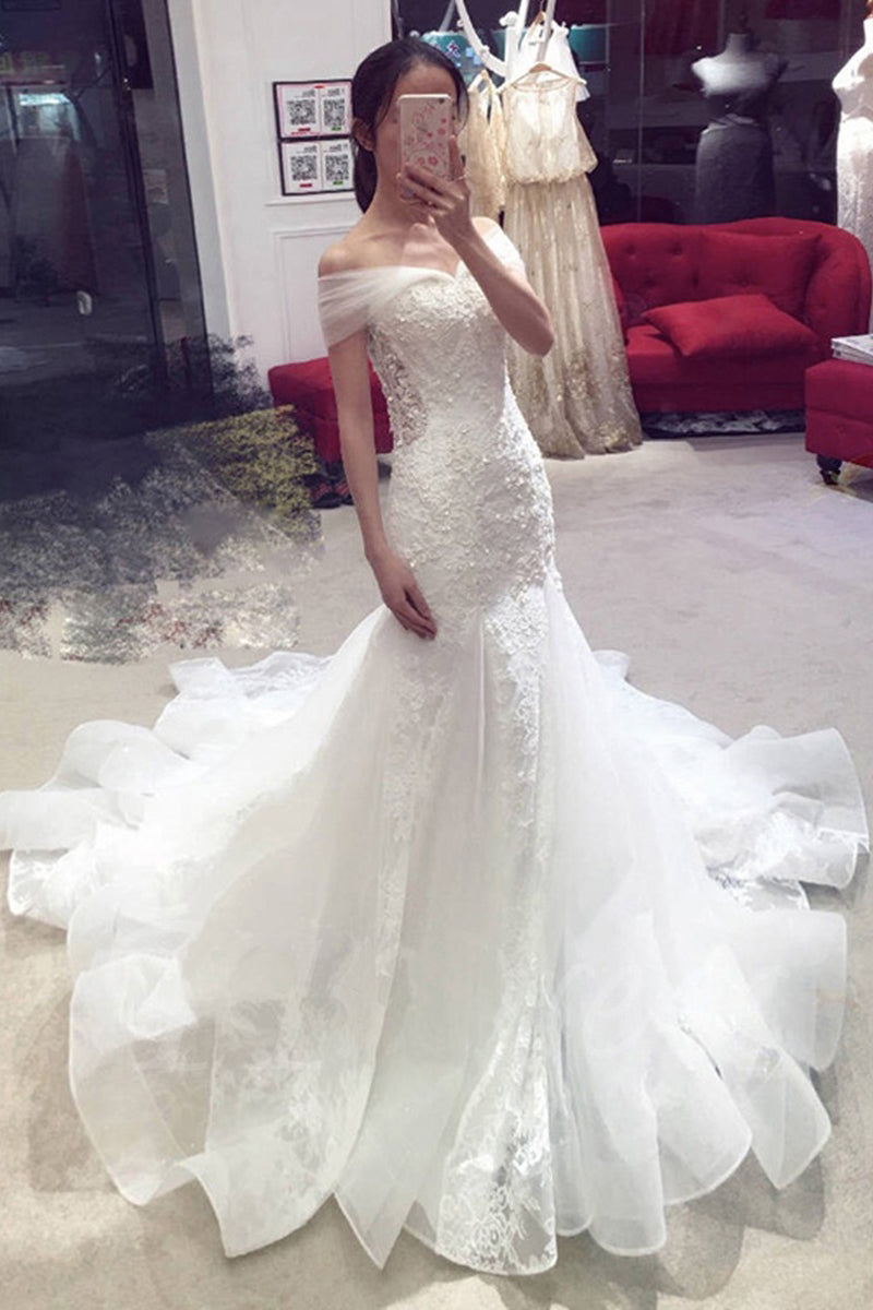 Sexy Mermaid Off-the-shoulder Chapel Train Lace Applique Bridal Dress,Wedding Gown,N547