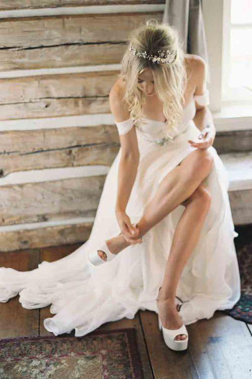 Simple Off the Shoulder Beach Wedding Dress with Beading Waist, Ivory Wedding Dress N1330