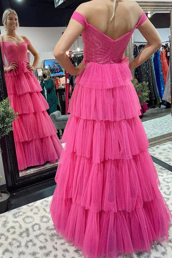 A-Line Off the Shoulder Hot Pink Cupcake Prom Dresses OK1960