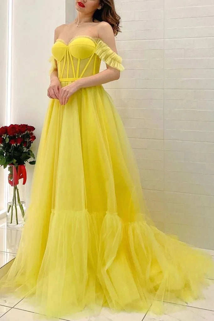 A Line Off the Shoulder Yellow Tulle Long Prom Dresses OK1919
