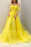 A Line Off the Shoulder Yellow Tulle Long Prom Dresses OK1919
