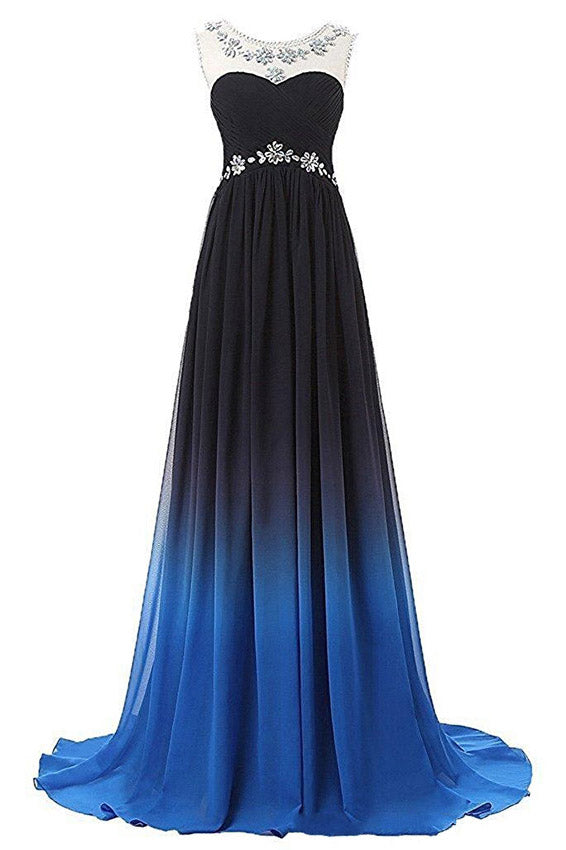 Ombre Bateau Sleeveless Sweep Train Ruched Chiffon Prom Dress with Beading,N671