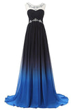 Ombre Sleeveless Sweep Train Ruched Chiffon Prom Dresses with Beading N671