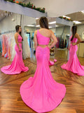 Hot Pink Two Pieces One Shoulder Graduation Evening Dresses Long Prom Dresses