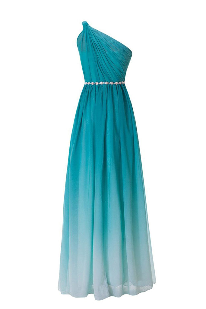 Turquoise Gradient Ombre One Shoulder Chiffon Ruched Dresses with Beaded Embellished Belt N670