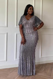 Plus Size Cloak Short Sleeve V-Neck Mermaid Sequins Tassels Prom Dresses