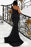 Mermaid Sweep Train Party Dresses One Shoulder Sleeveless High Slit Evening Dresses