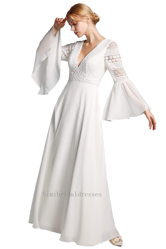 Charming V-Neck Long Sleeves Lace Chiffon Beach Wedding Dress Bridal Gowns Y0134