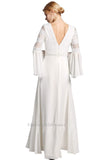 Charming V-Neck Long Sleeves Lace Chiffon Beach Wedding Dress Bridal Gowns Y0134