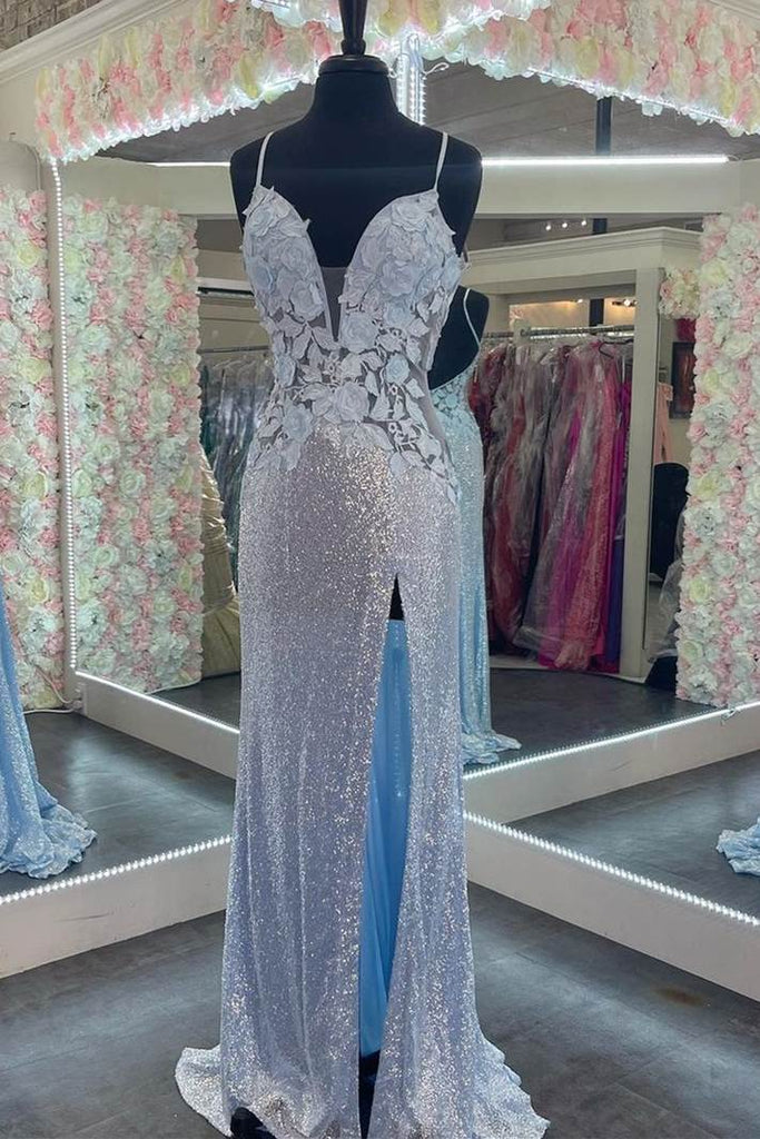 Straps Light Blue Elegant Sequins Appliques Sheath Long Prom Dresses