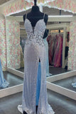 Straps Light Blue Elegant Sequins Appliques Sheath Long Prom Dresses