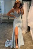 Light Blue Shiny Mermaid Evening Party Dress Beaded Long Prom Dress