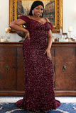 Off-the-shoulder Sweep Train Party Dresses Sequin Plus Size Formal Evening Dresses