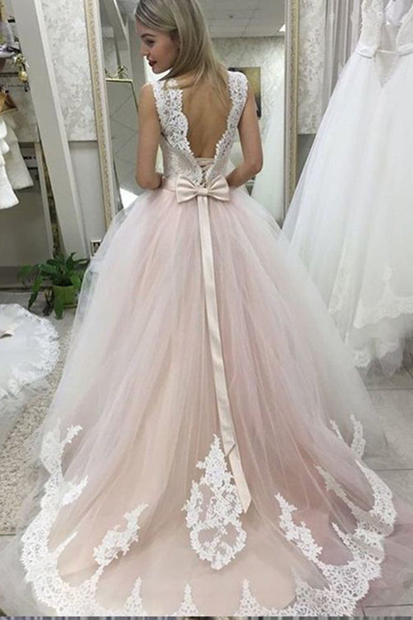 Pale Pink Court Train Wedding Dress with Lace Appliques, Sleeveless Bridal Dress