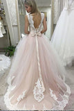 Pale Pink Court Train Wedding Dress with Lace Appliques, Sleeveless Bridal Dress