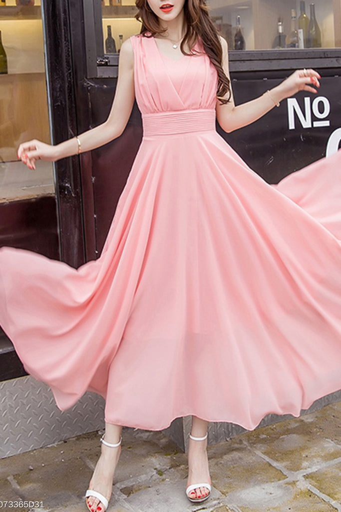 Peach Summer V-Neck Plain Chiffon Maxi Dress, Cheap Flowy Long Bridesmaid Dresses N1564
