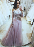 A-Line Pink Lulle Lace Appliques Formal Evening Dresses Long Prom Dresses